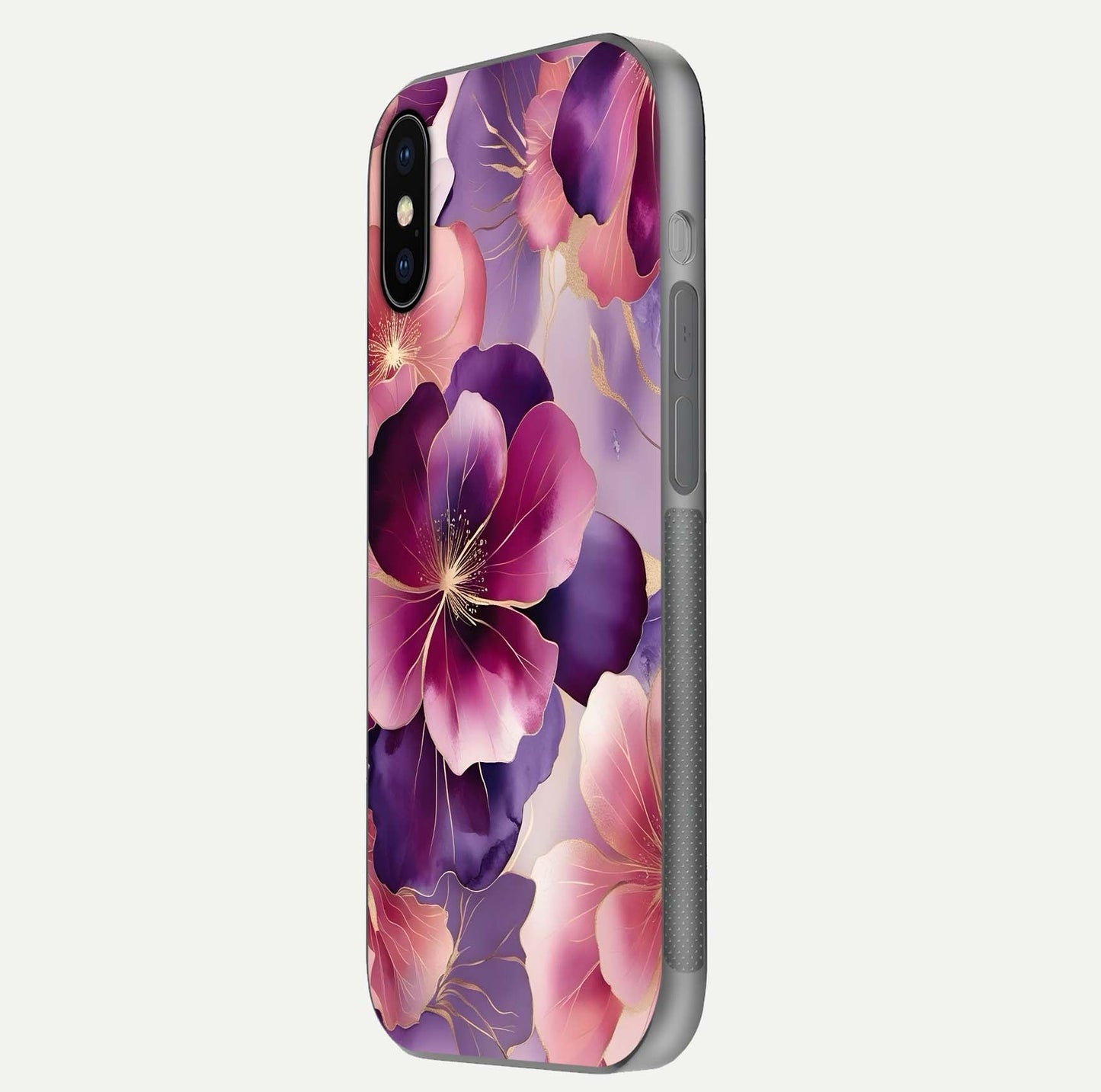 Pink Bouquet Florals Glass Case for iPhone X side-angle image showing floral texture and reflection clarity
