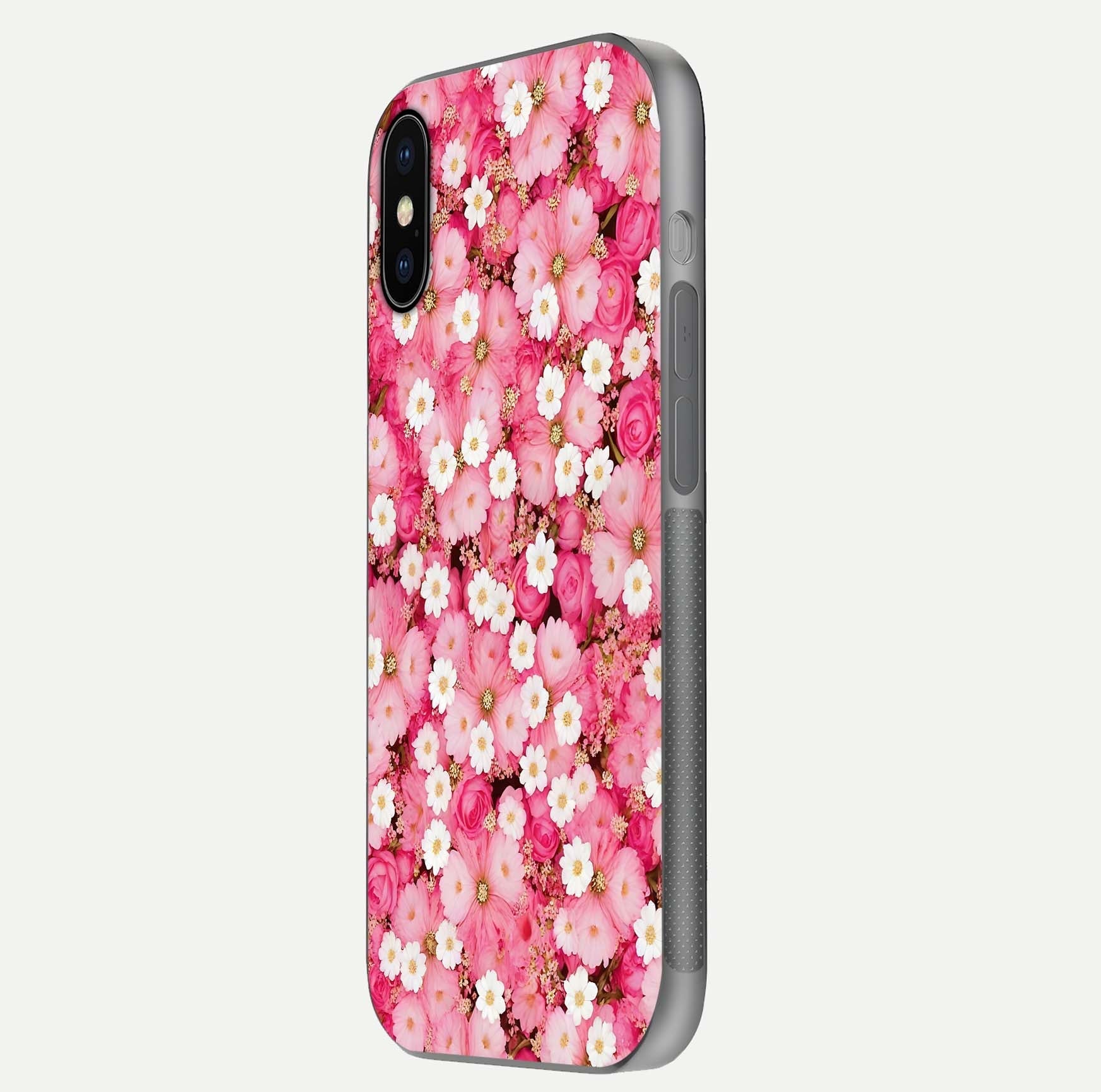 Pink Daisy Bliss Glass Case for iPhone X side-angle image showing delicate daisy pattern and glass reflection