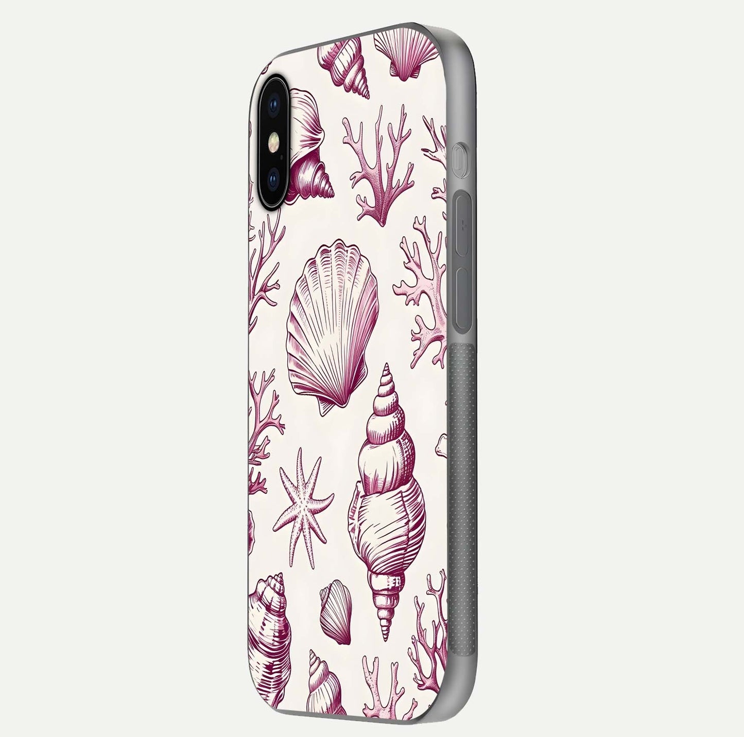 Pink Shells Outline Glass Case for iPhone X side-angle image showing shine and intricate outline texture