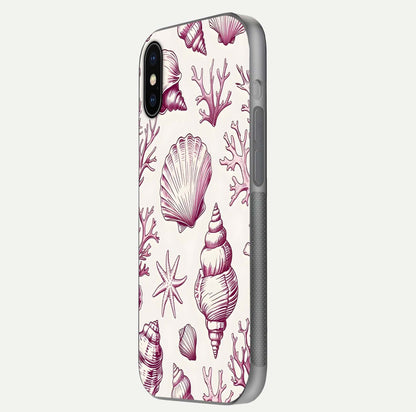 Pink Shells Outline Glass Case for iPhone X side-angle image showing shine and intricate outline texture