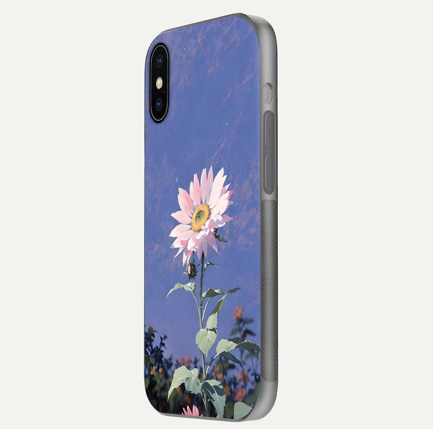 Pink Sunflower Glow Glass Case for iPhone X side-angle image showing glossy edges and vivid sunflower tones