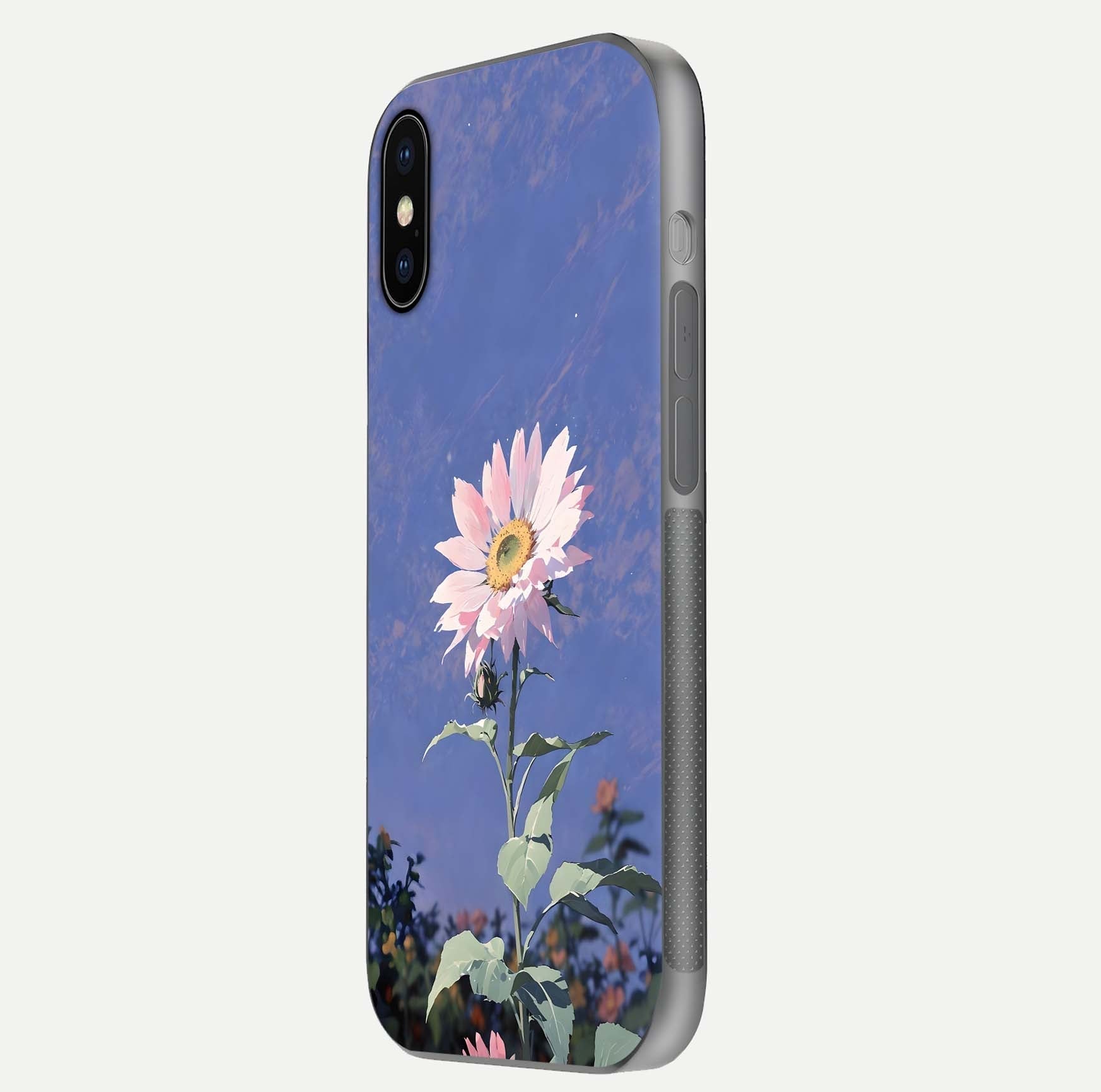 Pink Sunflower Glow Glass Case for iPhone X side-angle image showing glossy edges and vivid sunflower tones