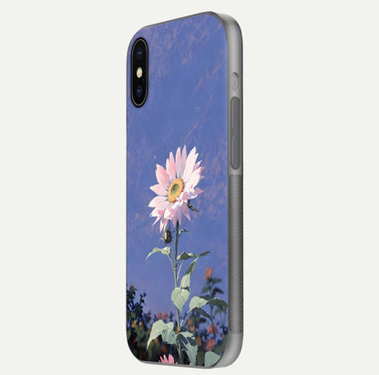 Pink Sunflower Glow Glass Case for iPhone X side-angle image showing glossy edges and vivid sunflower tones
