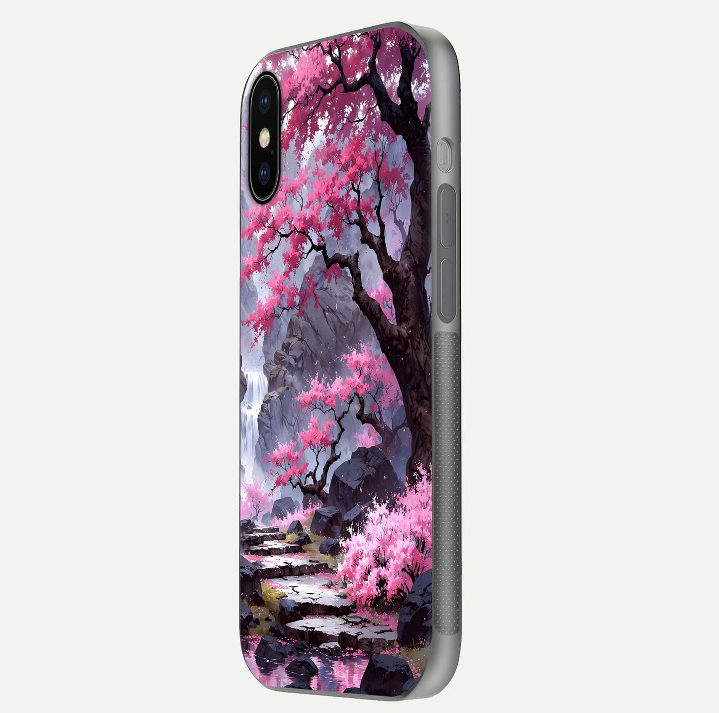 Pinkish Scenery Glass Case for iPhone X side-angle image showing depth, gloss, and scenic details