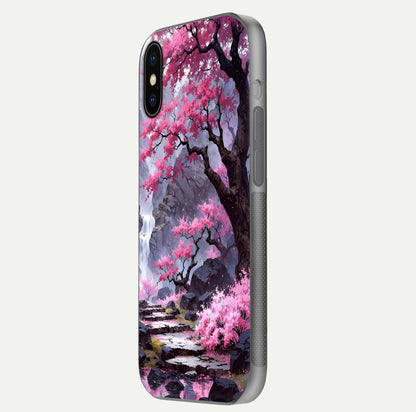 Pinkish Scenery Glass Case for iPhone X side-angle image showing depth, gloss, and scenic details