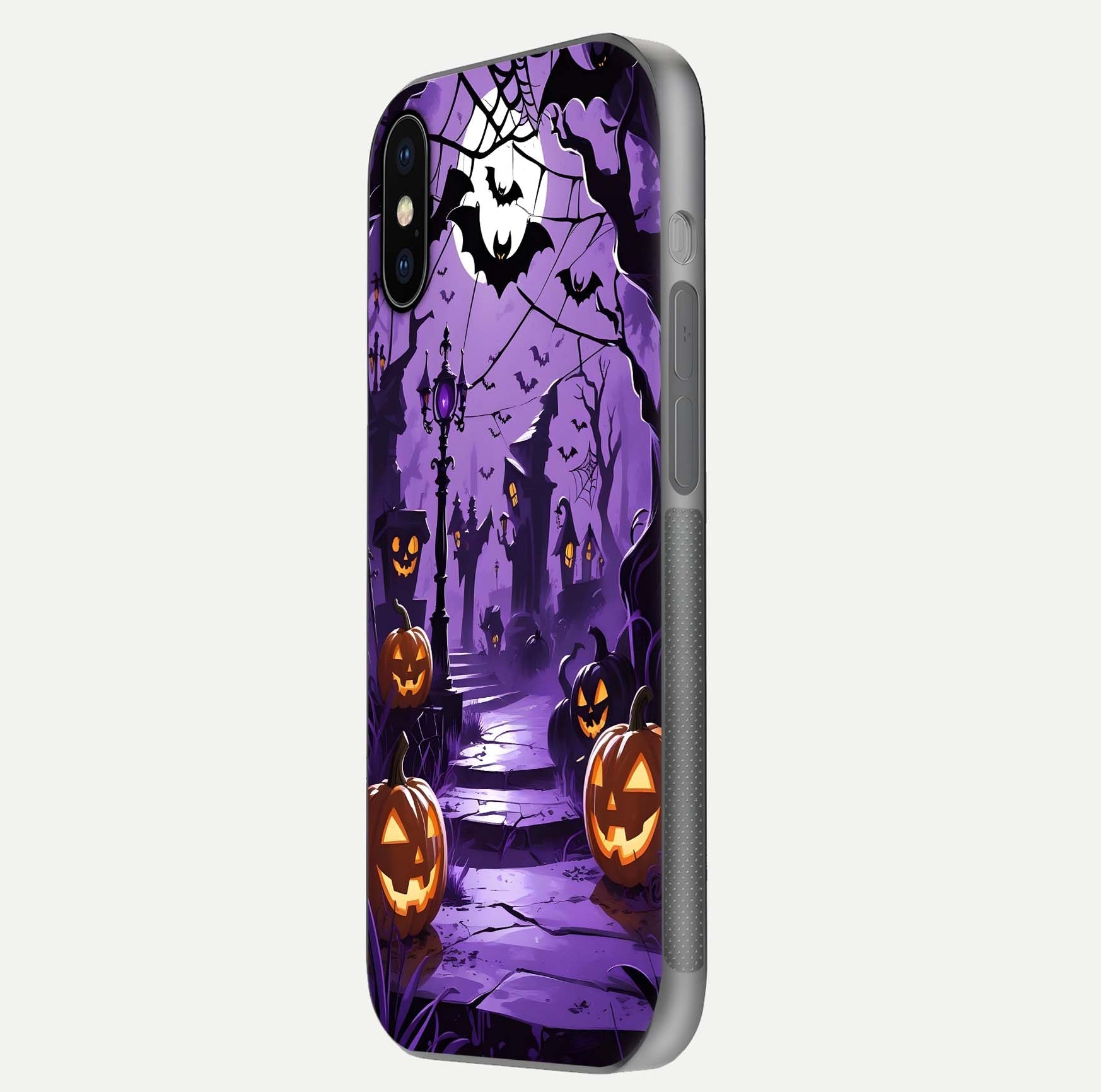Pumpkin Patch Halloween Glass Case for iPhone X side-angle image showing shine, camera cutout, and spooky art