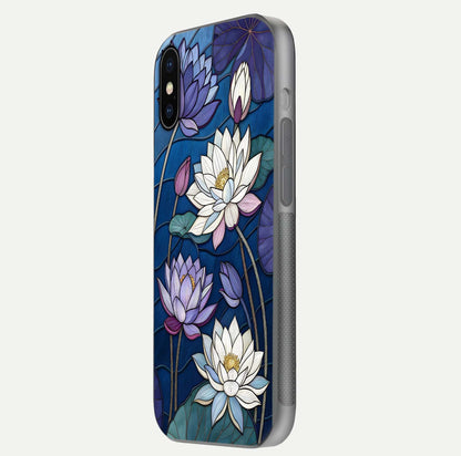 Purple Lotus Stained Glass Case for iPhone X side-angle image showing gloss, reflection, and intricate detailing