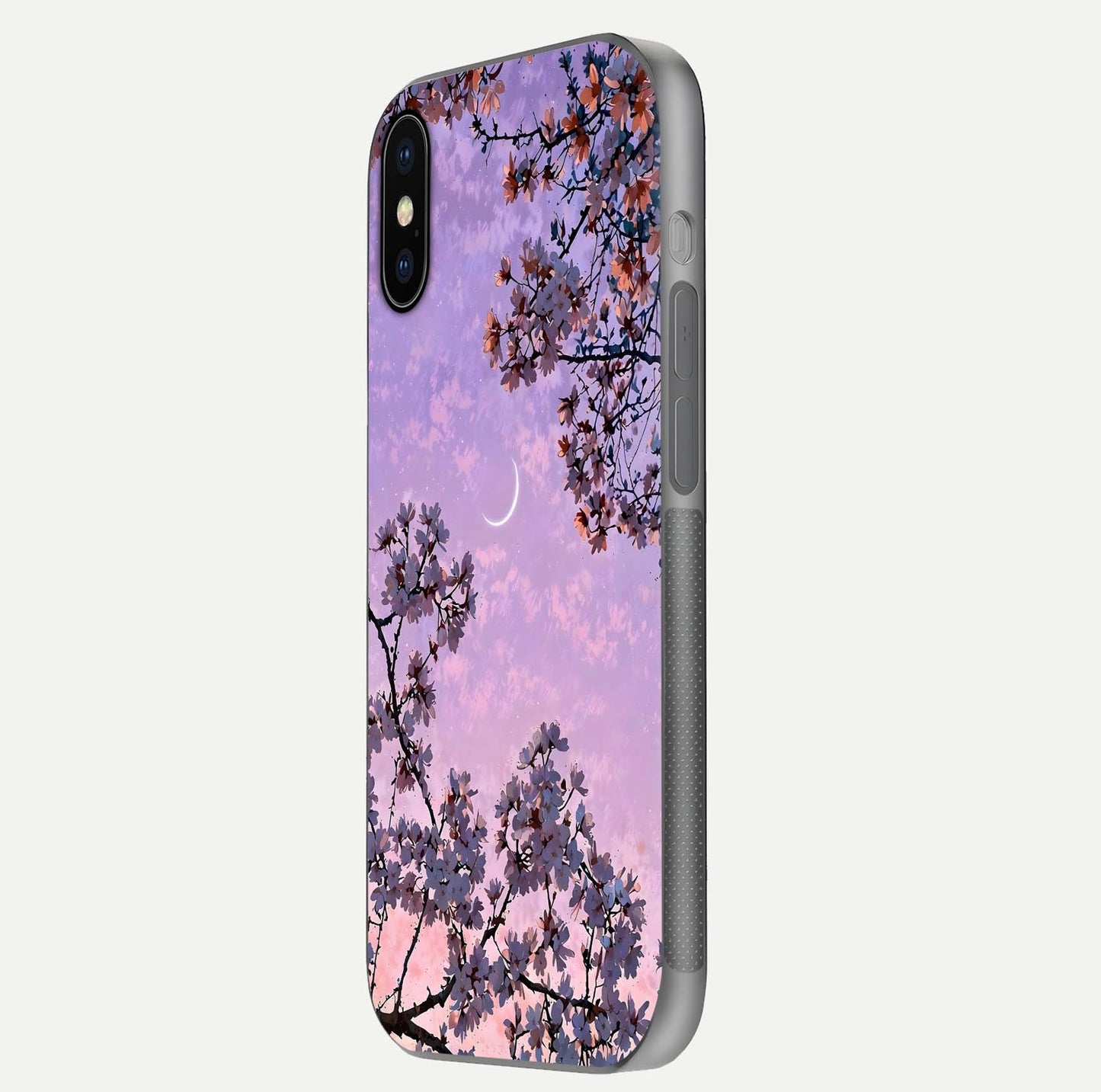 Purple Serenity Moon Glass Case for iPhone X side-angle image showing reflection and lunar art precision
