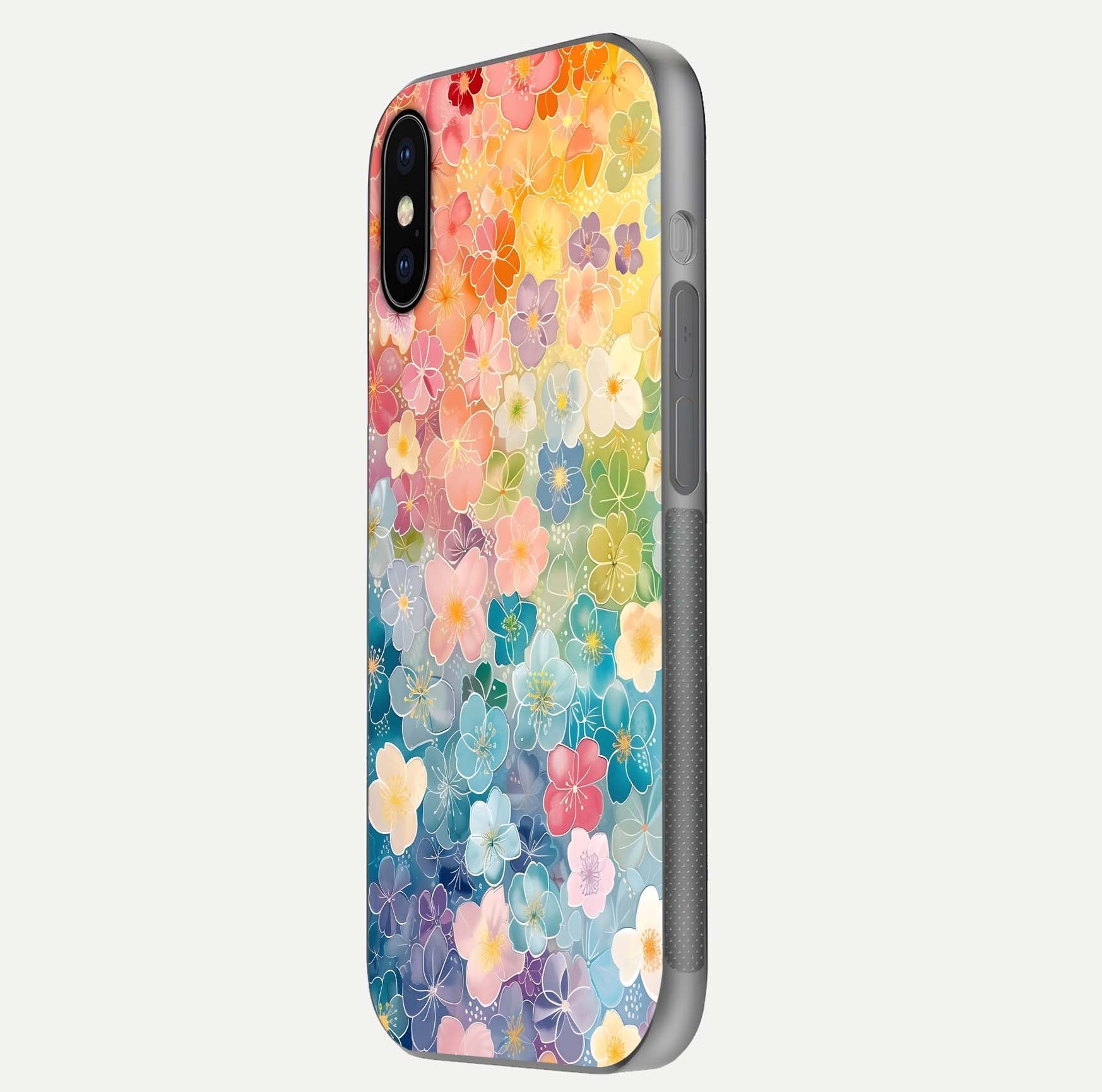 Rainbow Blossom Burst Glass Case for iPhone X side-angle image showing reflection and floral burst detail