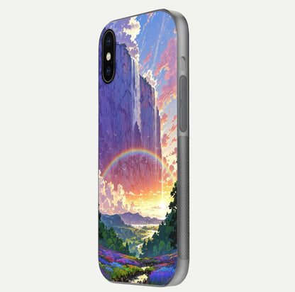 Rainbow Valley Dream Glass Case for iPhone 16 Pro side-angle image showing light reflection and scenic tones