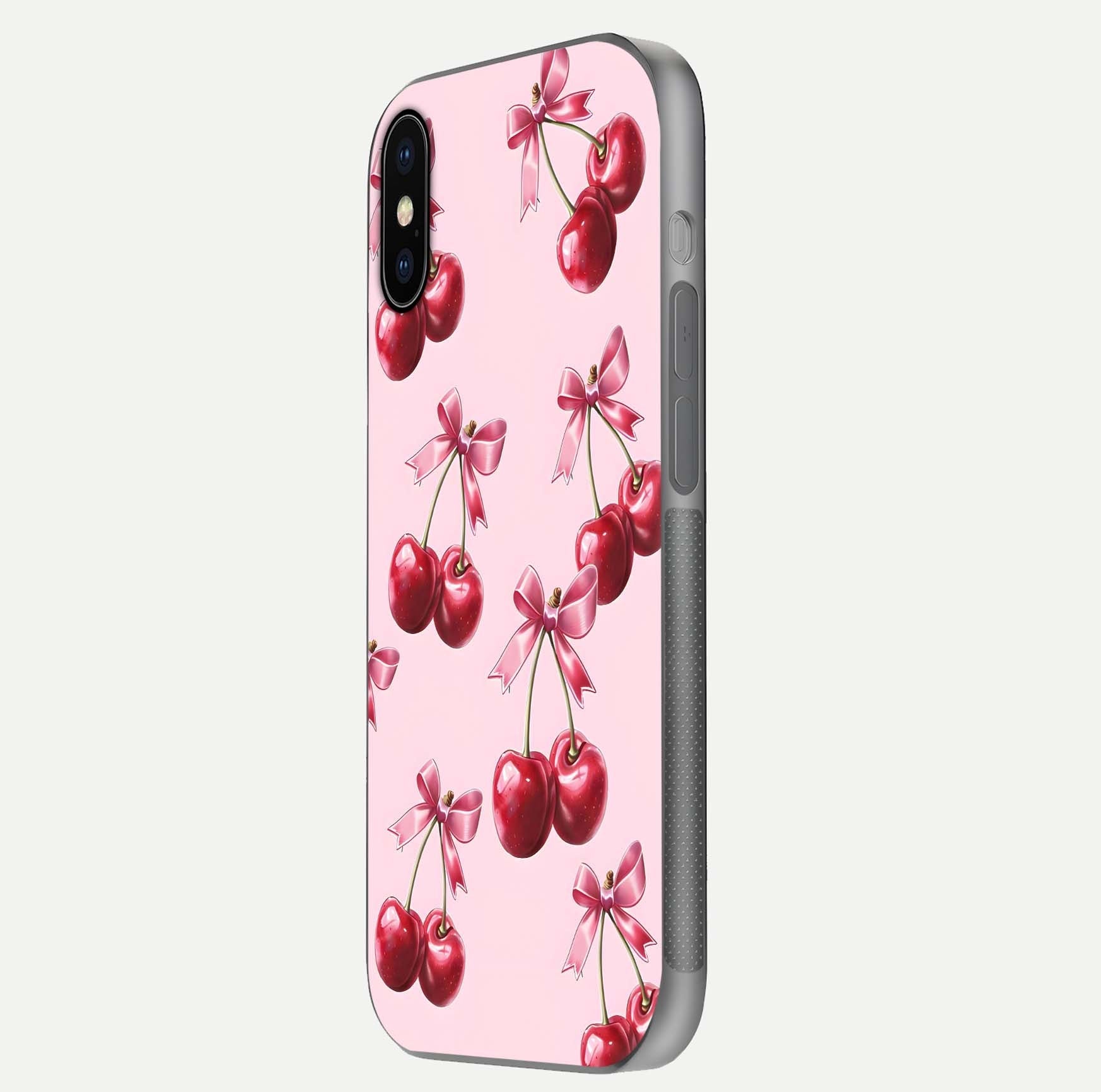 Red Cherries Pattern Glass Case for iPhone X side-angle image showing gloss surface and cherry details