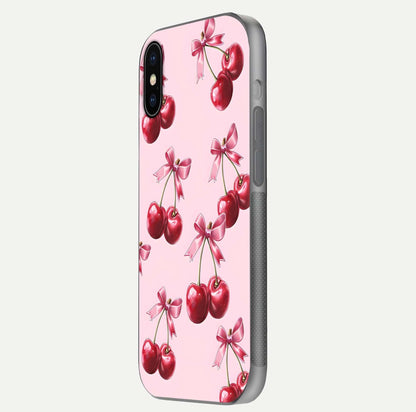 Red Cherries Pattern Glass Case for iPhone X side-angle image showing gloss surface and cherry details