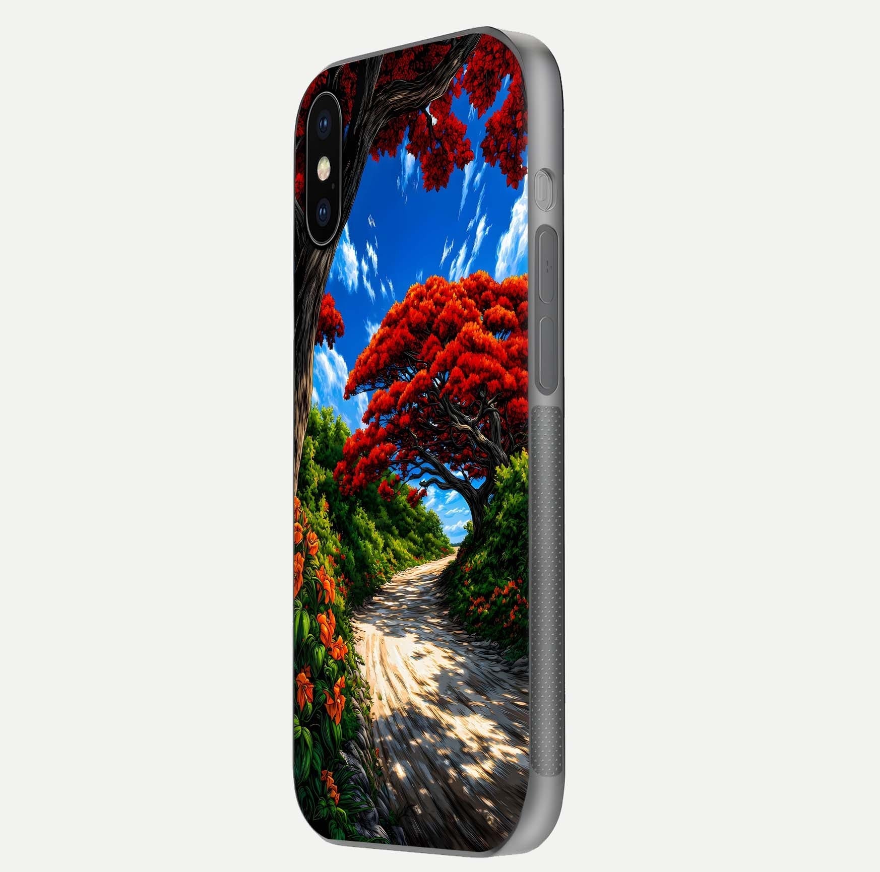 Red Trees Pathway Glass Case for iPhone X side-angle image showing reflection and autumn vibe