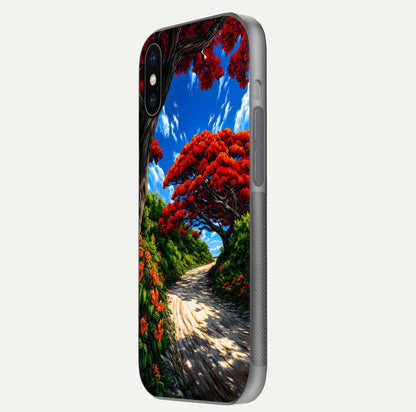 Red Trees Pathway Glass Case for iPhone X side-angle image showing reflection and autumn vibe