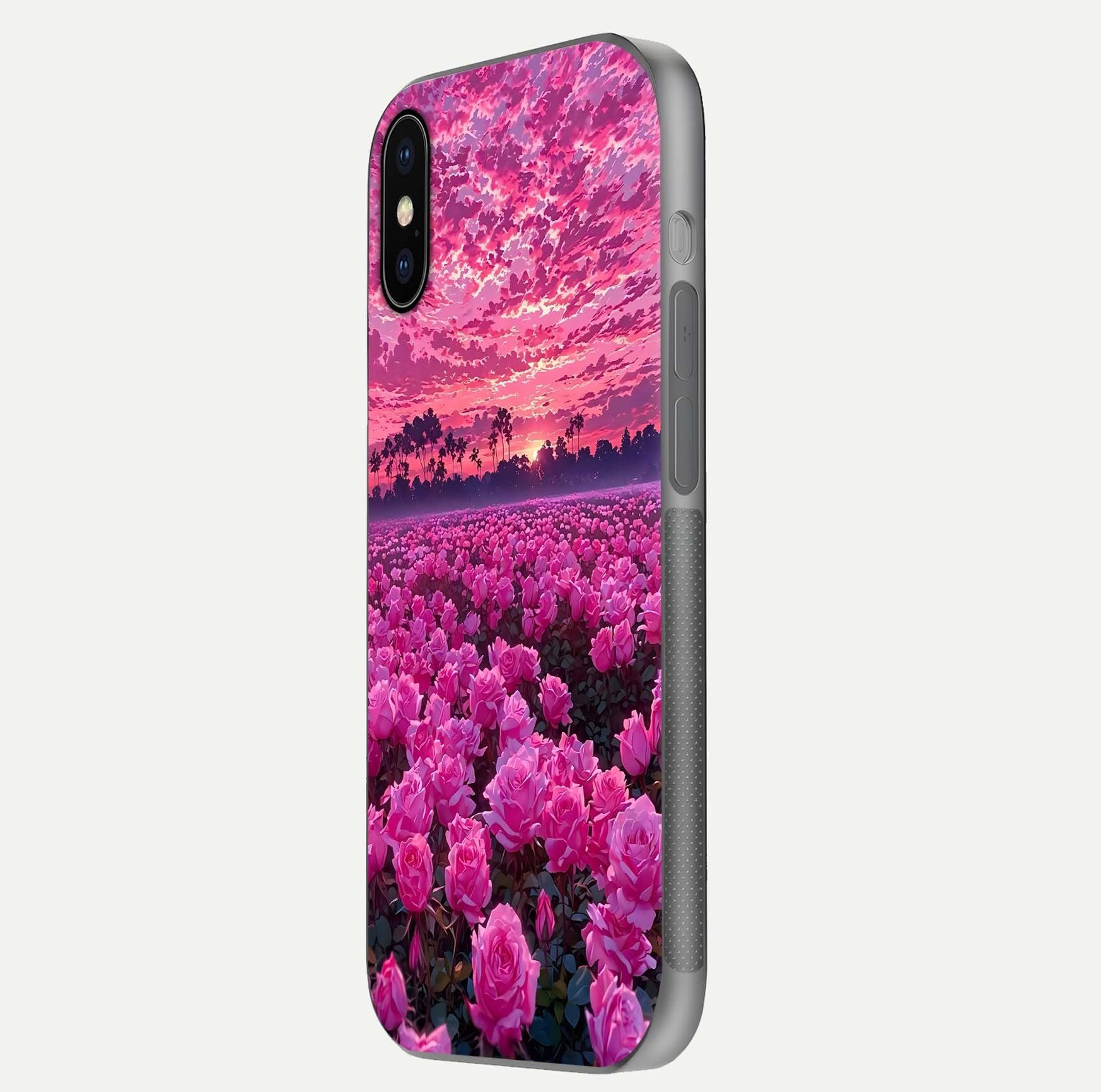 Rose Sunset Valley Glass Case for iPhone X side-angle image showing smooth edges and floral glow