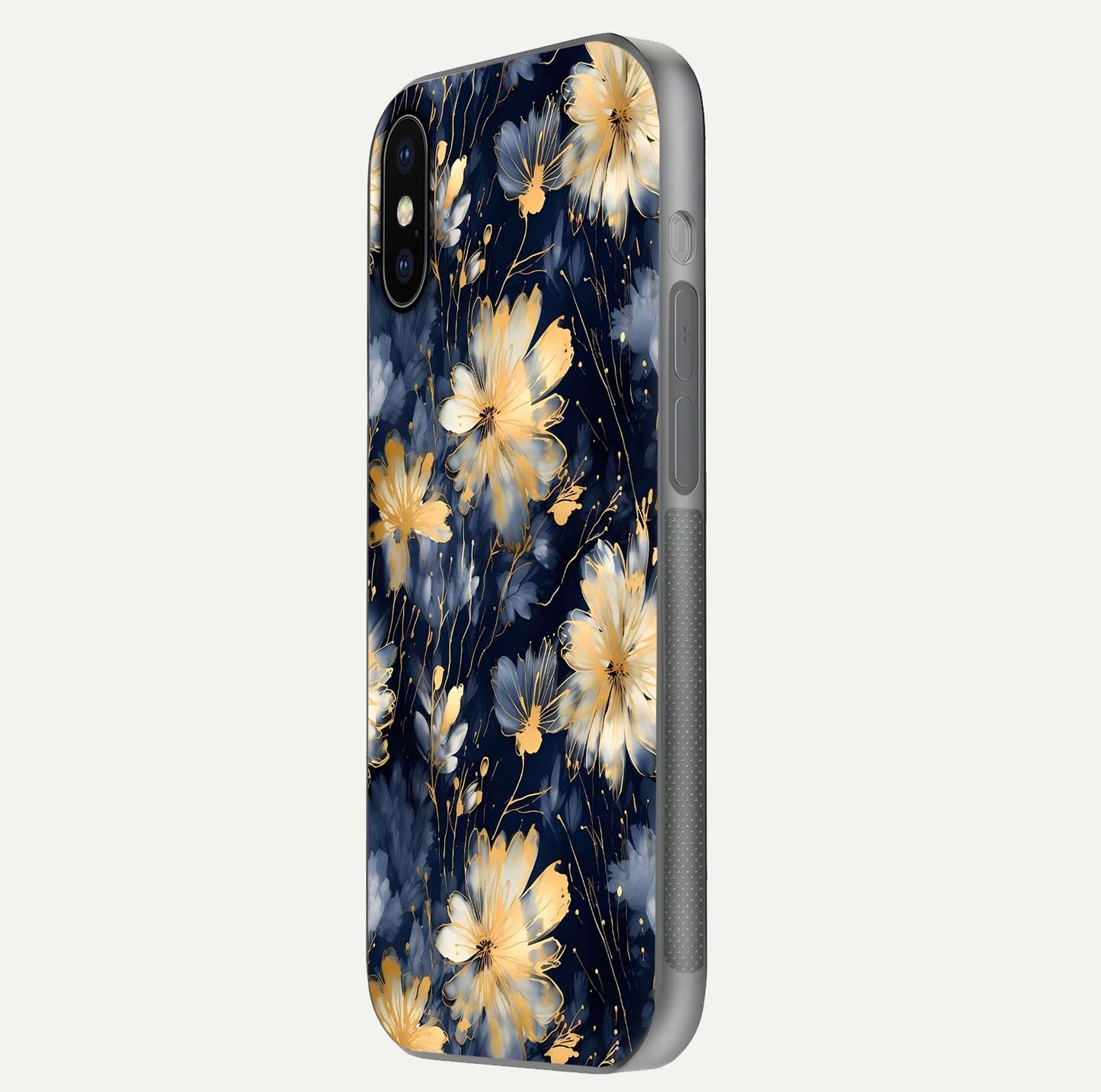 Royal Petal Dream Glass Case for iPhone X side-angle image showing smooth edges and royal bloom details