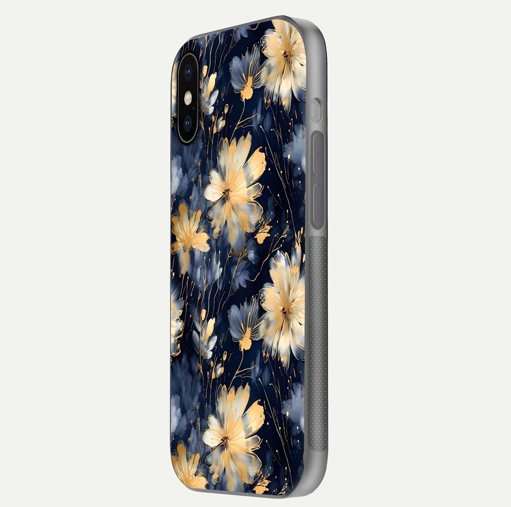 Royal Petal Dream Glass Case for iPhone X side-angle image showing smooth edges and royal bloom details