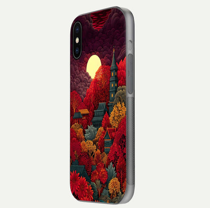 Scarlet Autumn Temple Glass Case for iPhone X side-angle image showing color depth and reflection clarity
