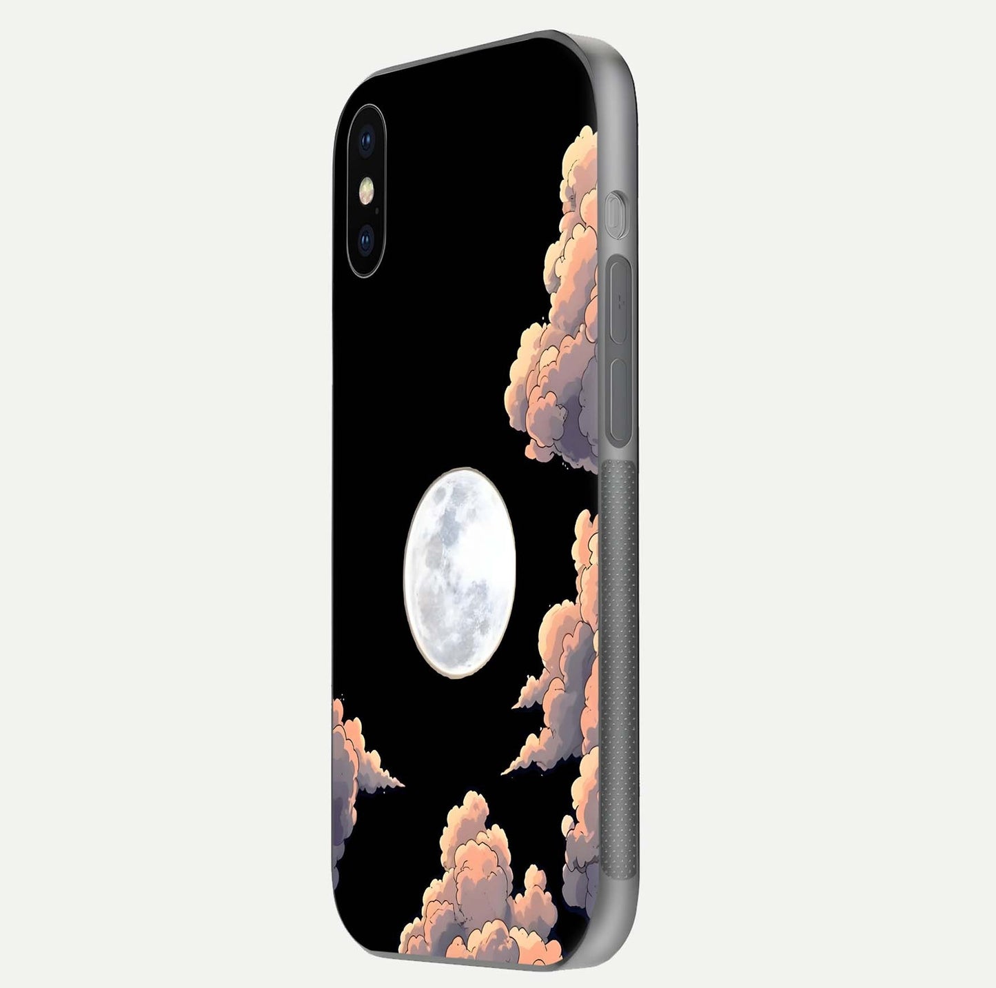 Shade Cloud Moon Glass Case for iPhone X side-angle image showing reflection and night-sky detail