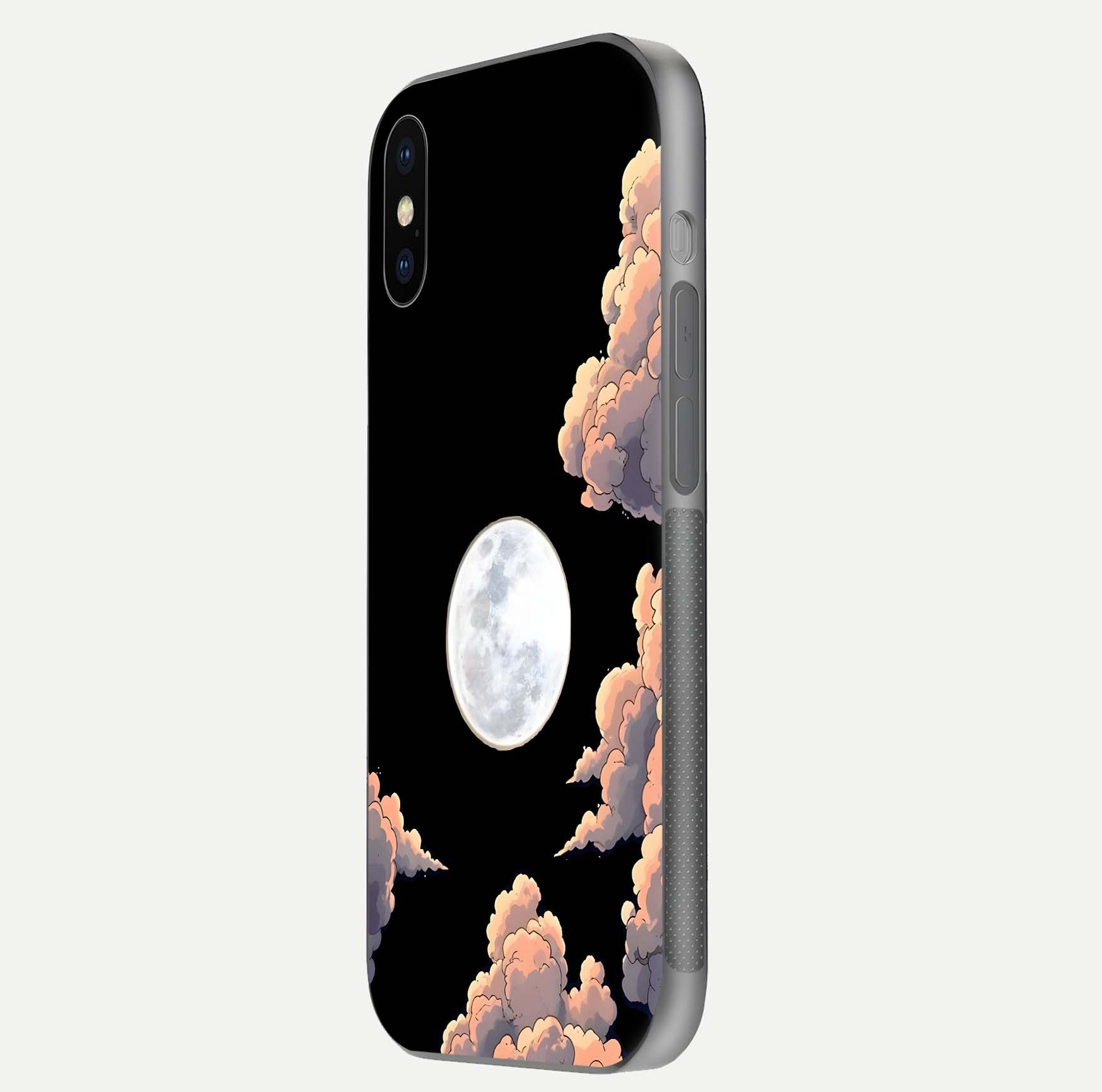 Shade Cloud Moon Glass Case for iPhone X side-angle image showing reflection and night-sky detail