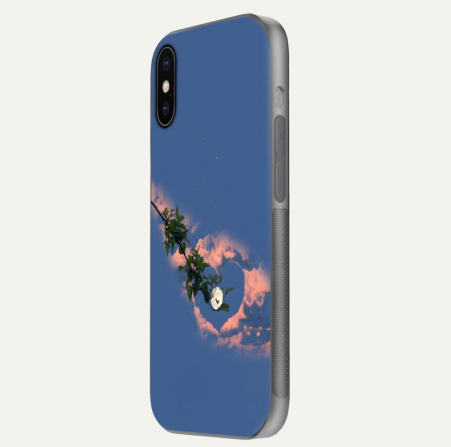 Sky Under Tree Glass Case for iPhone X side-angle image showing shine, edge texture, and scenic detail