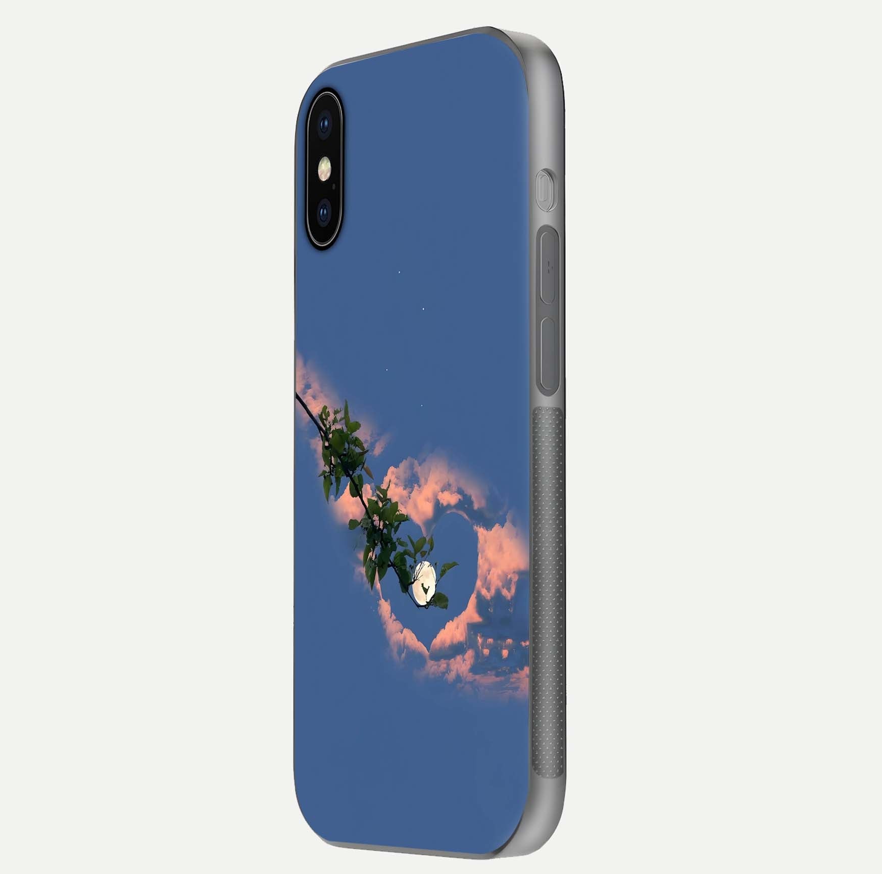 Sky Under Tree Glass Case for iPhone X side-angle image showing shine, edge texture, and scenic detail
