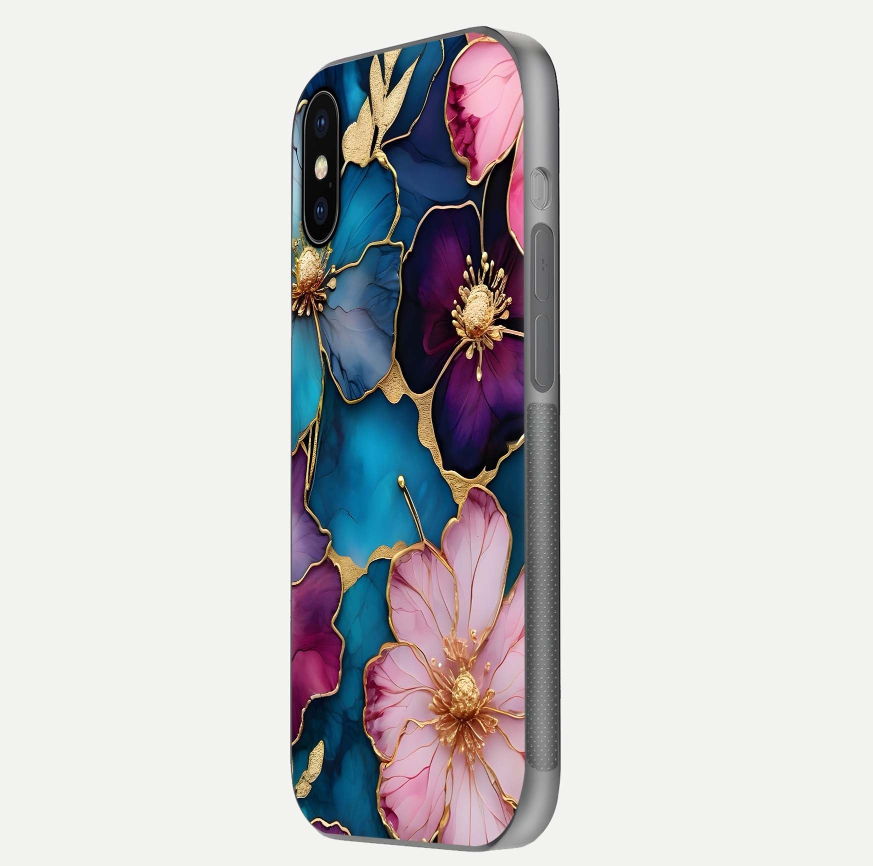 Sparkle Floral Glass Case for iPhone X side-angle image showing reflection, gloss, and floral texture