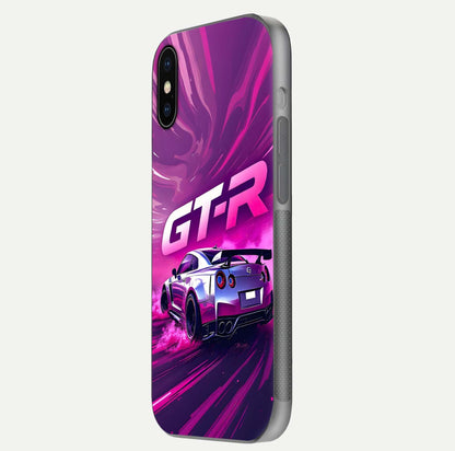Speed Drift Legend Glass Case for iPhone X side-angle image showing car print reflection and surface gloss