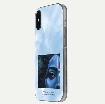 Spiritual Krishna Glass Case for iPhone 16 Pro side-angle image showing reflection and vivid artwork clarity