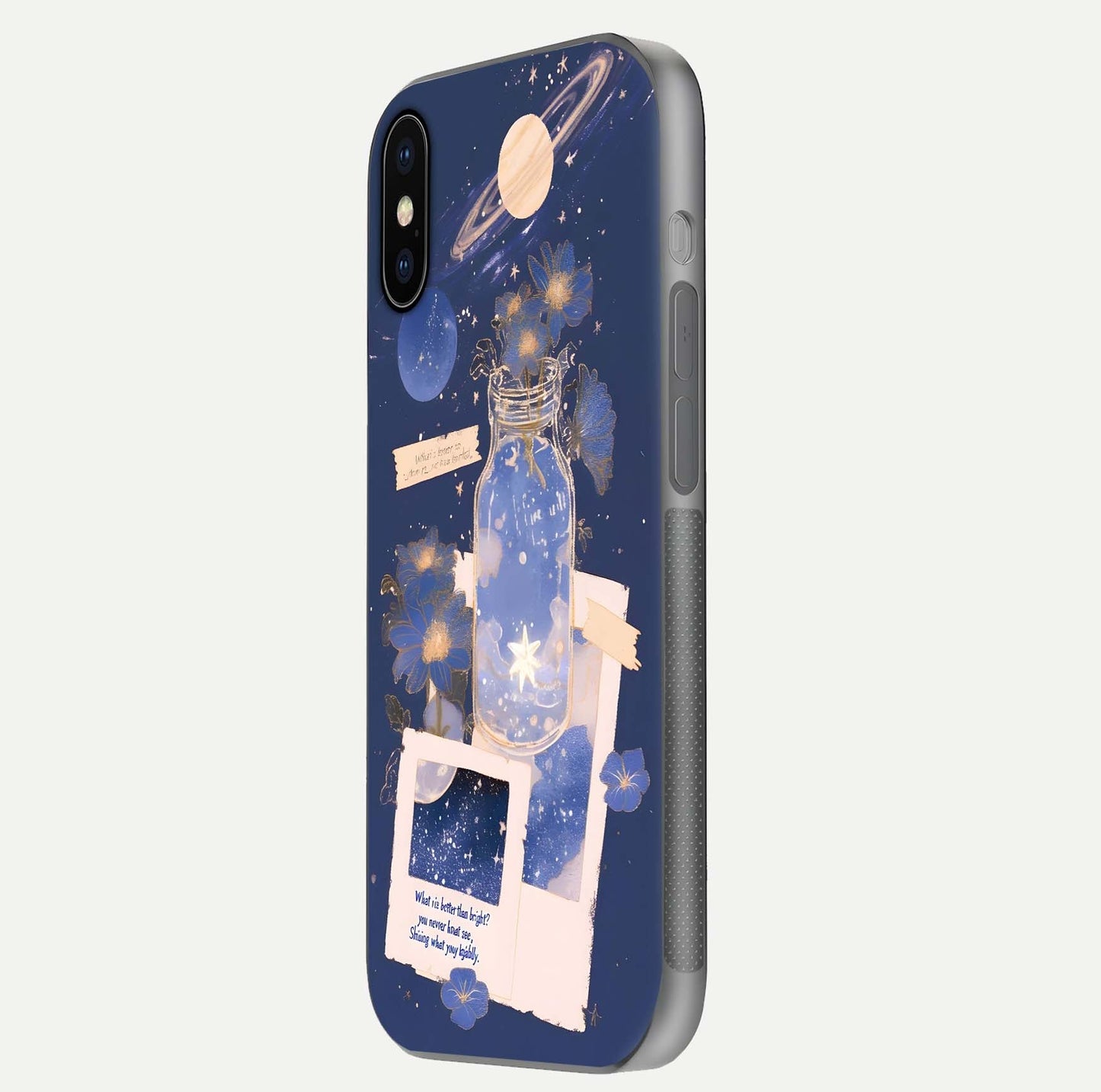 Starlit Cosmic Jar Glass Case for iPhone X side-angle image showing glow, texture, and light reflection