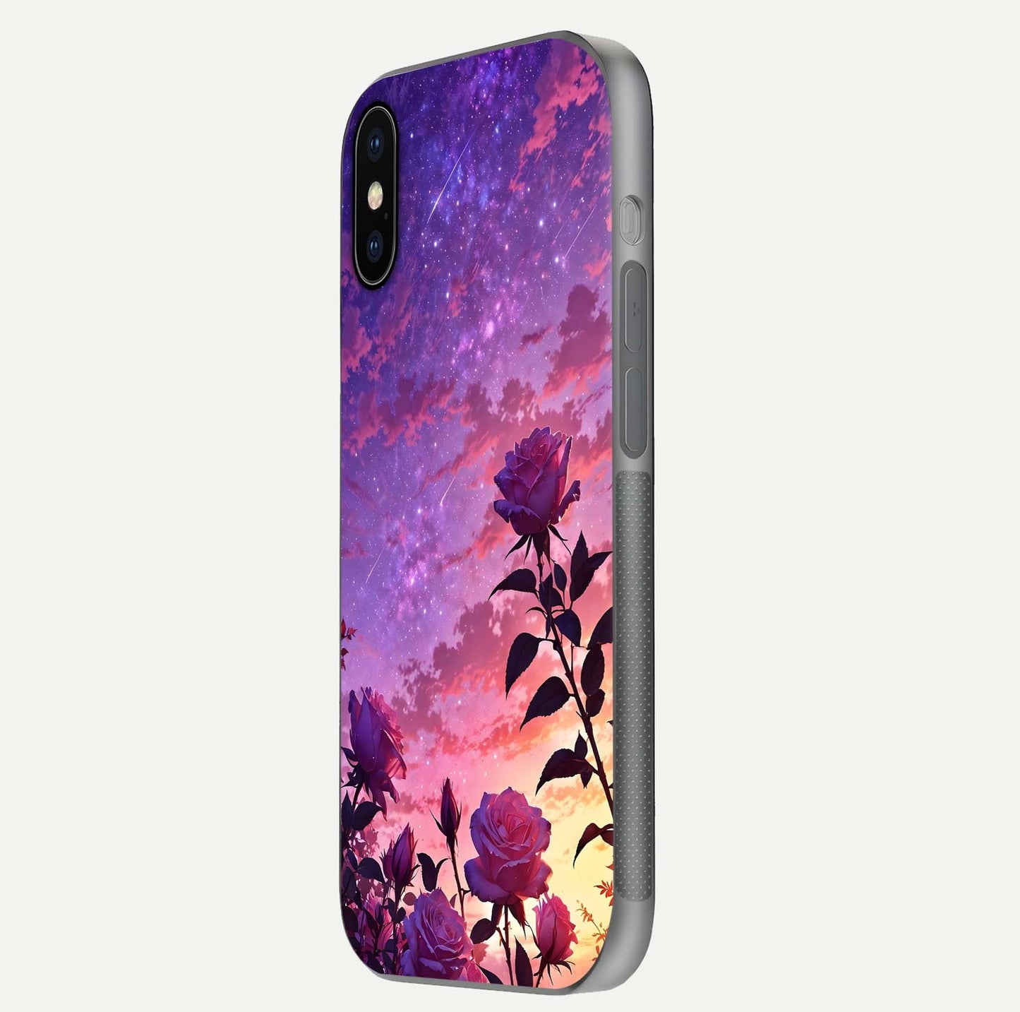 Starlit Rose Twilight Glass Case for iPhone X side-angle image showing reflection and petal contrast