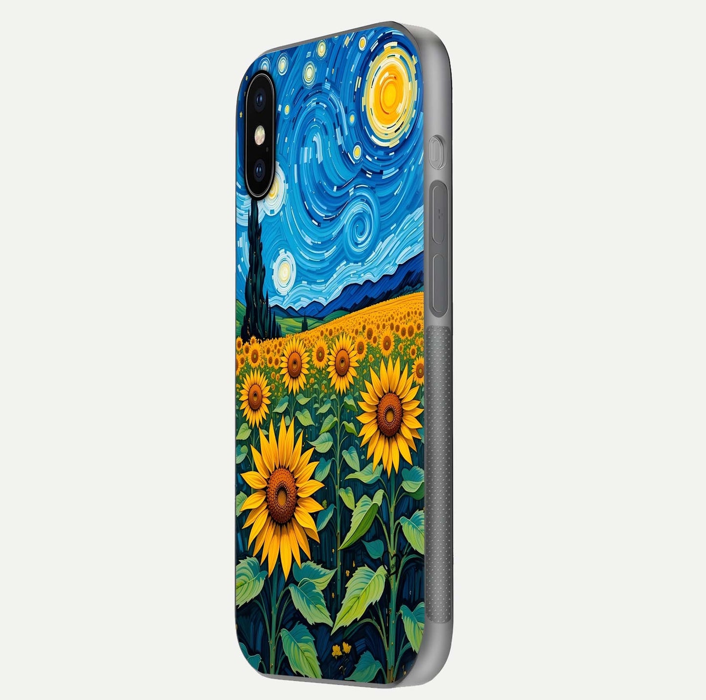 Starry Sunflower Dreams Glass Case for iPhone X side-angle image showing reflection, stars, and yellow tone