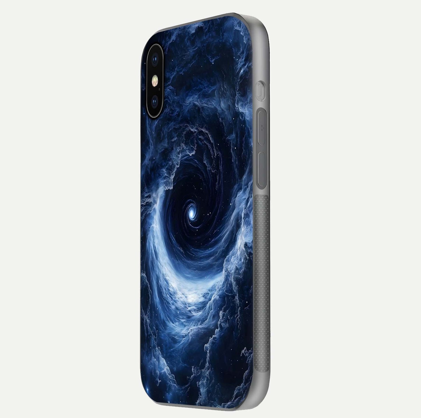 Stunning Galaxy Glass Case for iPhone X side-angle image showing glossy reflection and space detailing