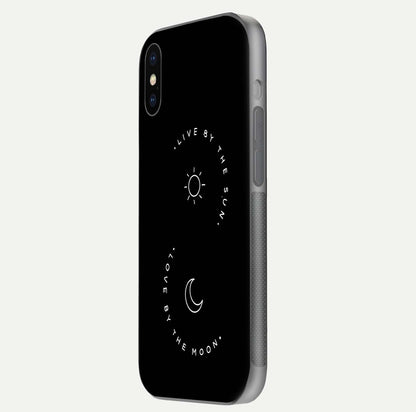 Sun Moon Balance Glass Case for iPhone X side-angle image showing reflection and celestial detailing