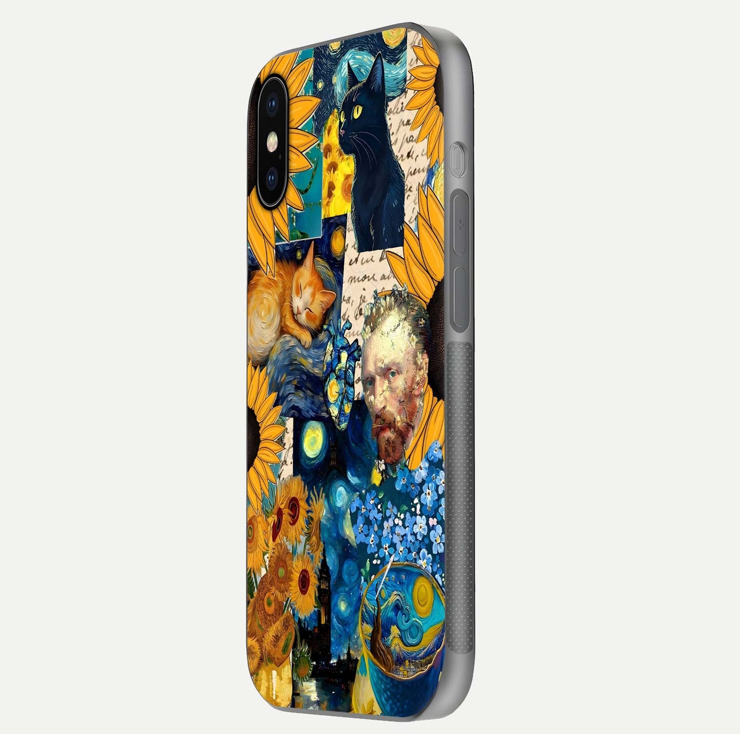 Sunflower Cat Art Glass Case for iPhone X side-angle image showing shine, edges, and sunflower texture