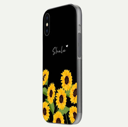 Sunflower Chic Mood Custom Name Glass Case for iPhone 16 Pro side-angle image showing reflection and yellow floral tone