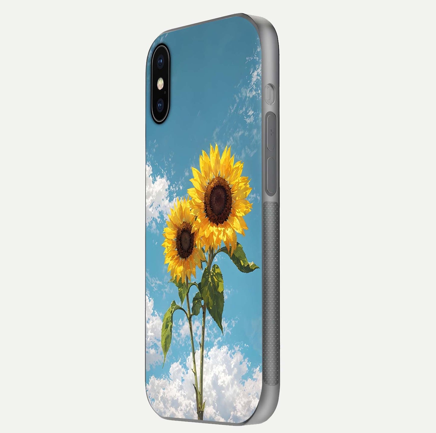 Sunflower Sky Bloom Glass Case for iPhone X side-angle image showing reflection, edges, and sunflower color