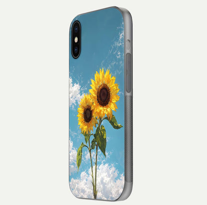 Sunflower Sky Bloom Glass Case for iPhone X side-angle image showing reflection, edges, and sunflower color