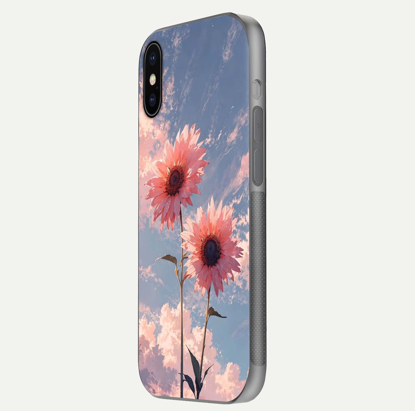 Sunlit Daisy Glow Glass Case for iPhone X side-angle image showing shine, gloss, and floral highlight