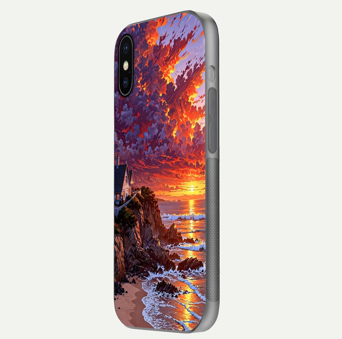 Sunset House by Sea Glass Case for iPhone X side-angle image showing reflection and seaside color tone