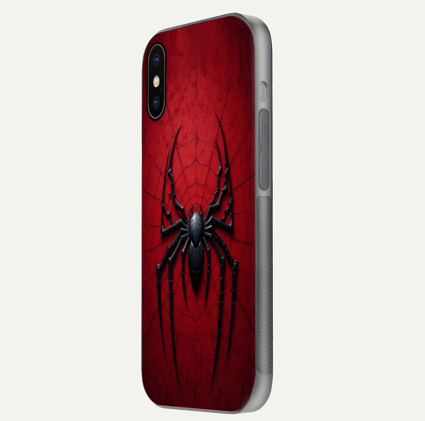Venom Web Emblem Glass Case for iPhone X side-angle image showing reflection and dark color tones