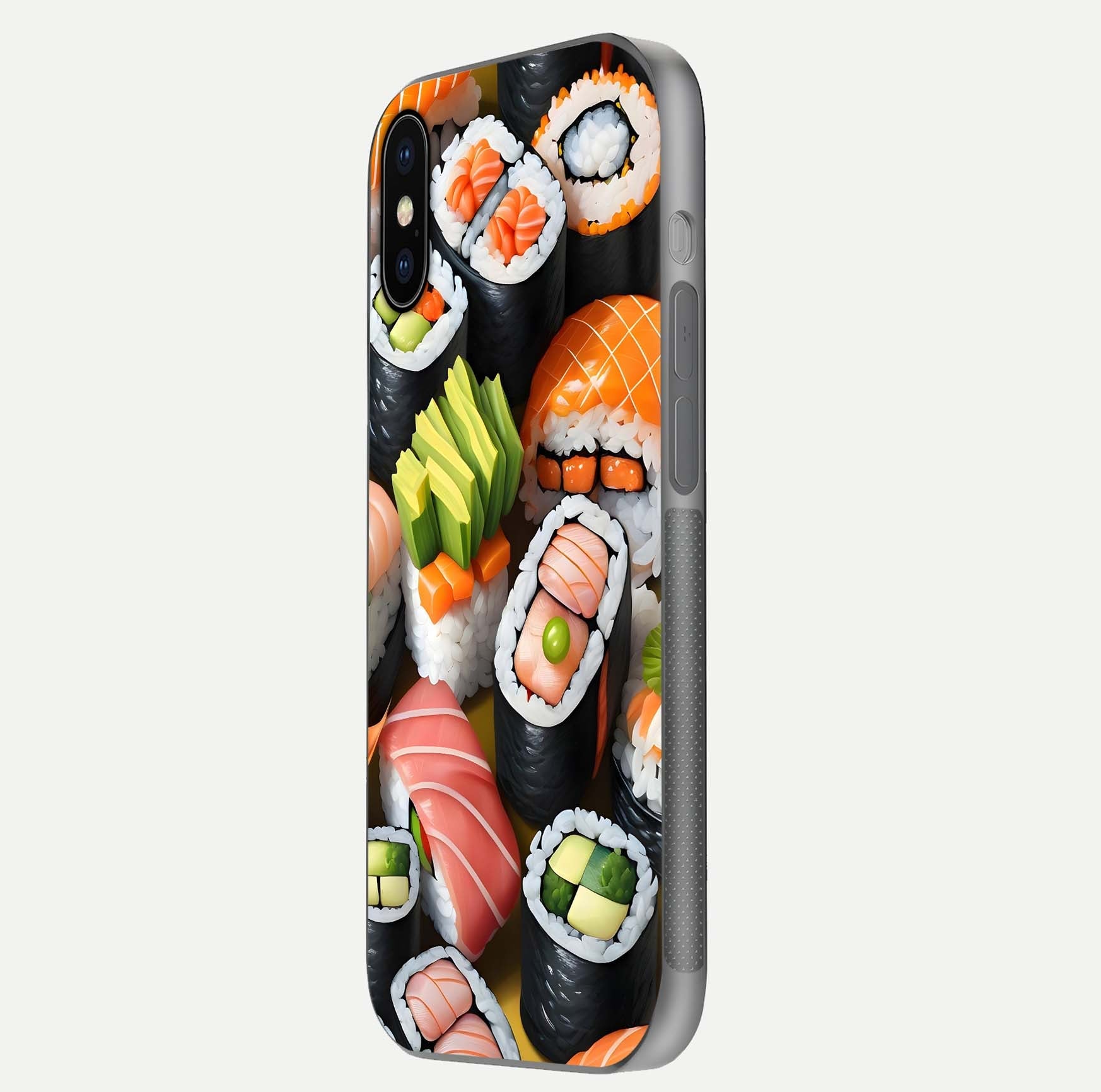 Sushi Food Pattern Glass Case for iPhone X side-angle image showing shine, gloss, and sushi artwork