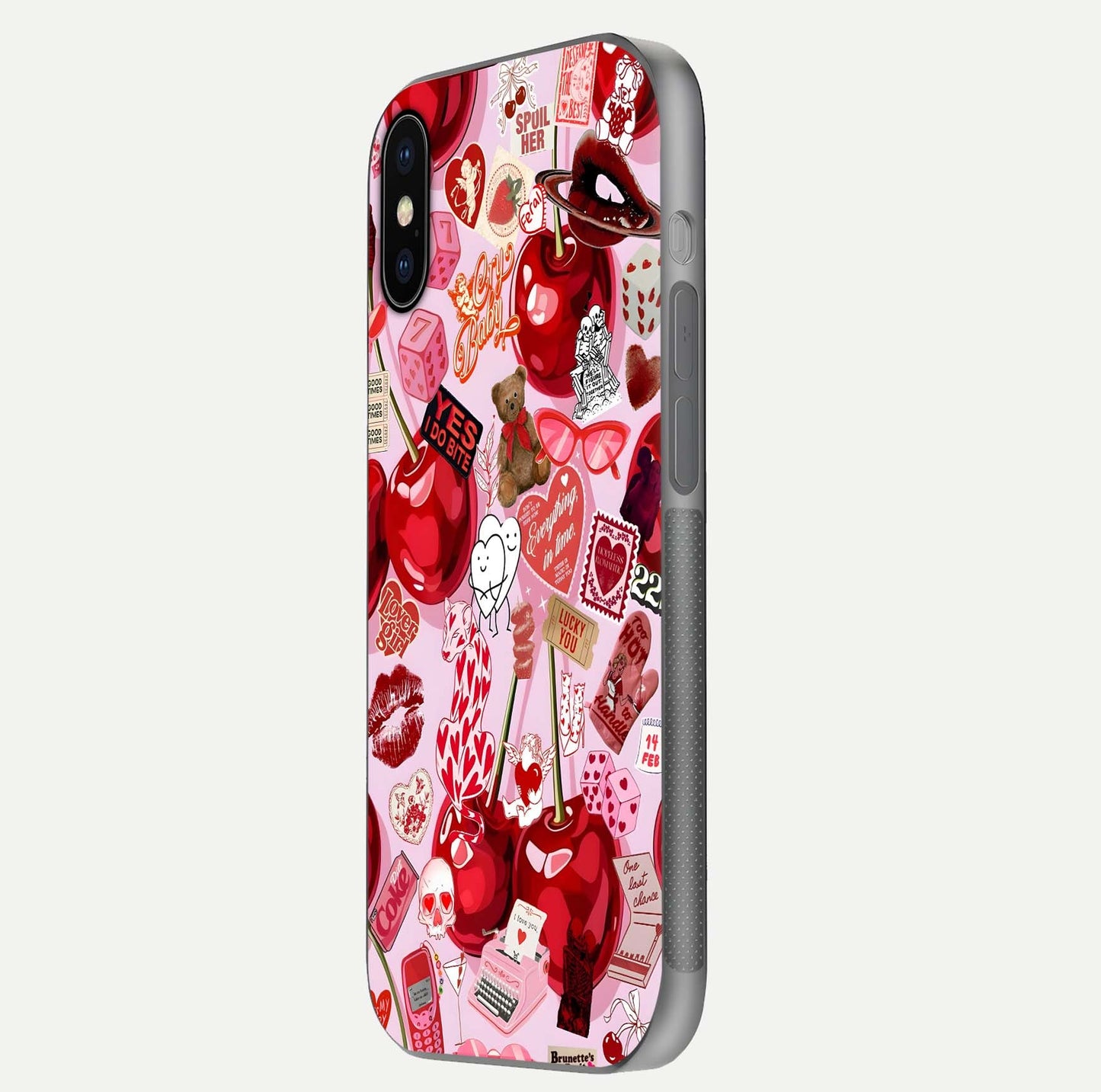 Sweet Cherry Chaos Glass Case for iPhone X side-angle image showing shine, gloss, and cherry details