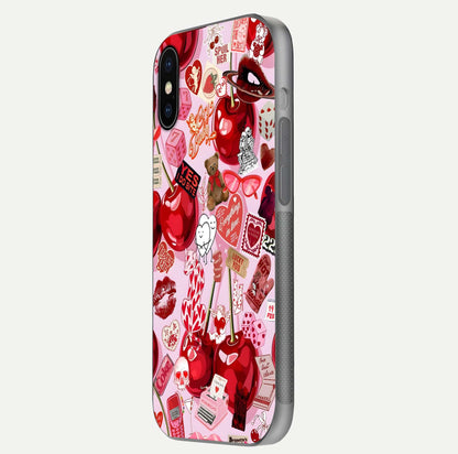 Sweet Cherry Chaos Glass Case for iPhone X side-angle image showing shine, gloss, and cherry details