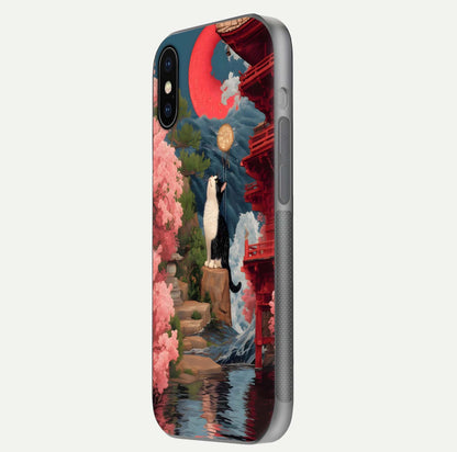 Temple Cat Scenery Glass Case for iPhone X side-angle image showing shine and printed temple pattern