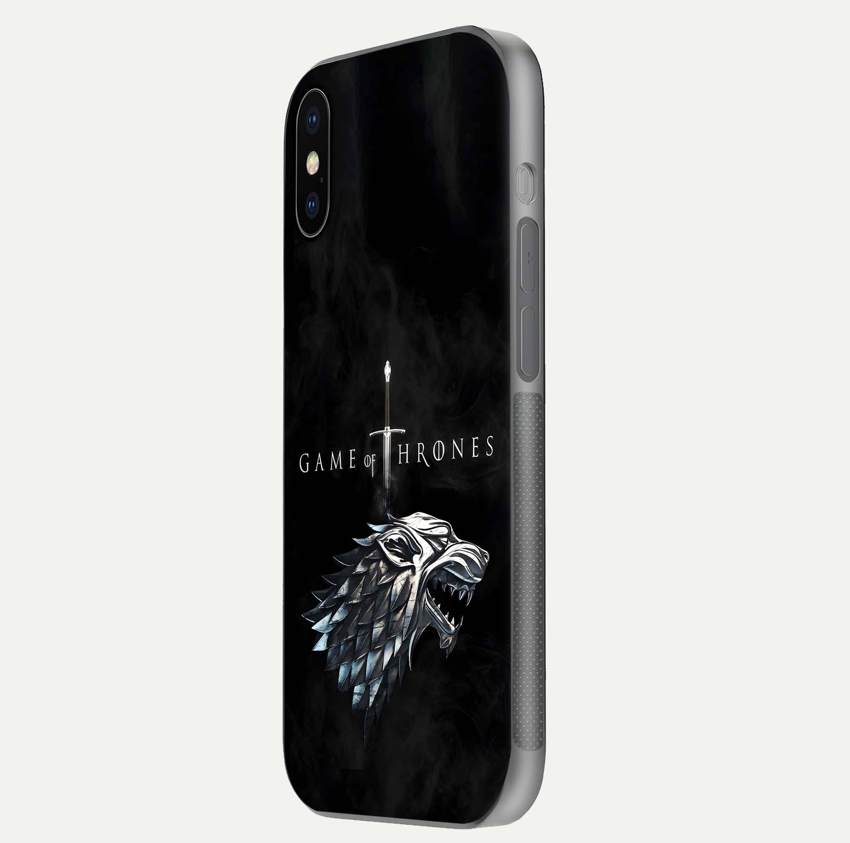 Throne Wolf Legacy Glass Case for iPhone X side-angle image showing gloss, texture, and HD print