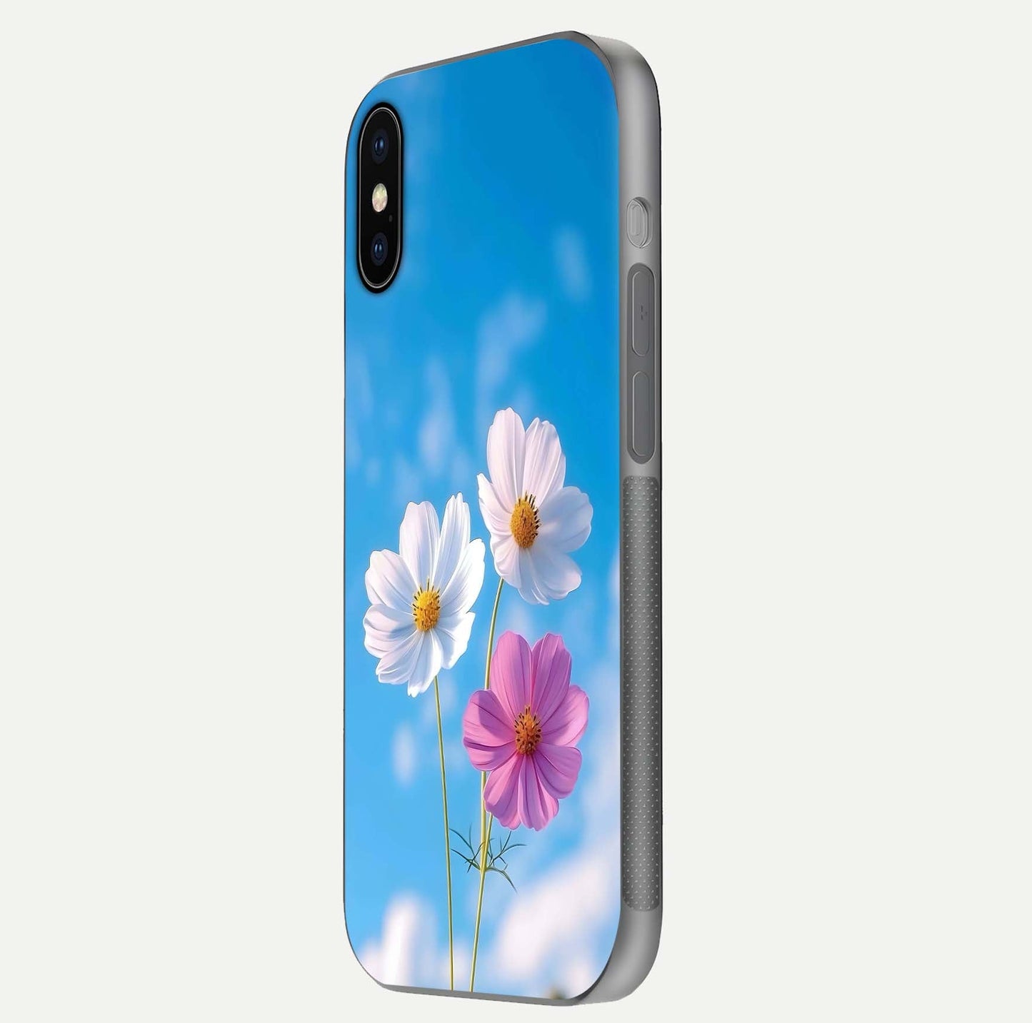Triple Flowers With Sky Glass Case for iPhone X side-angle image showing gloss, texture, and floral design