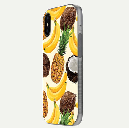 Tropical Fruit Mood Glass Case for iPhone X side-angle image showing reflection, gloss, and fruit details