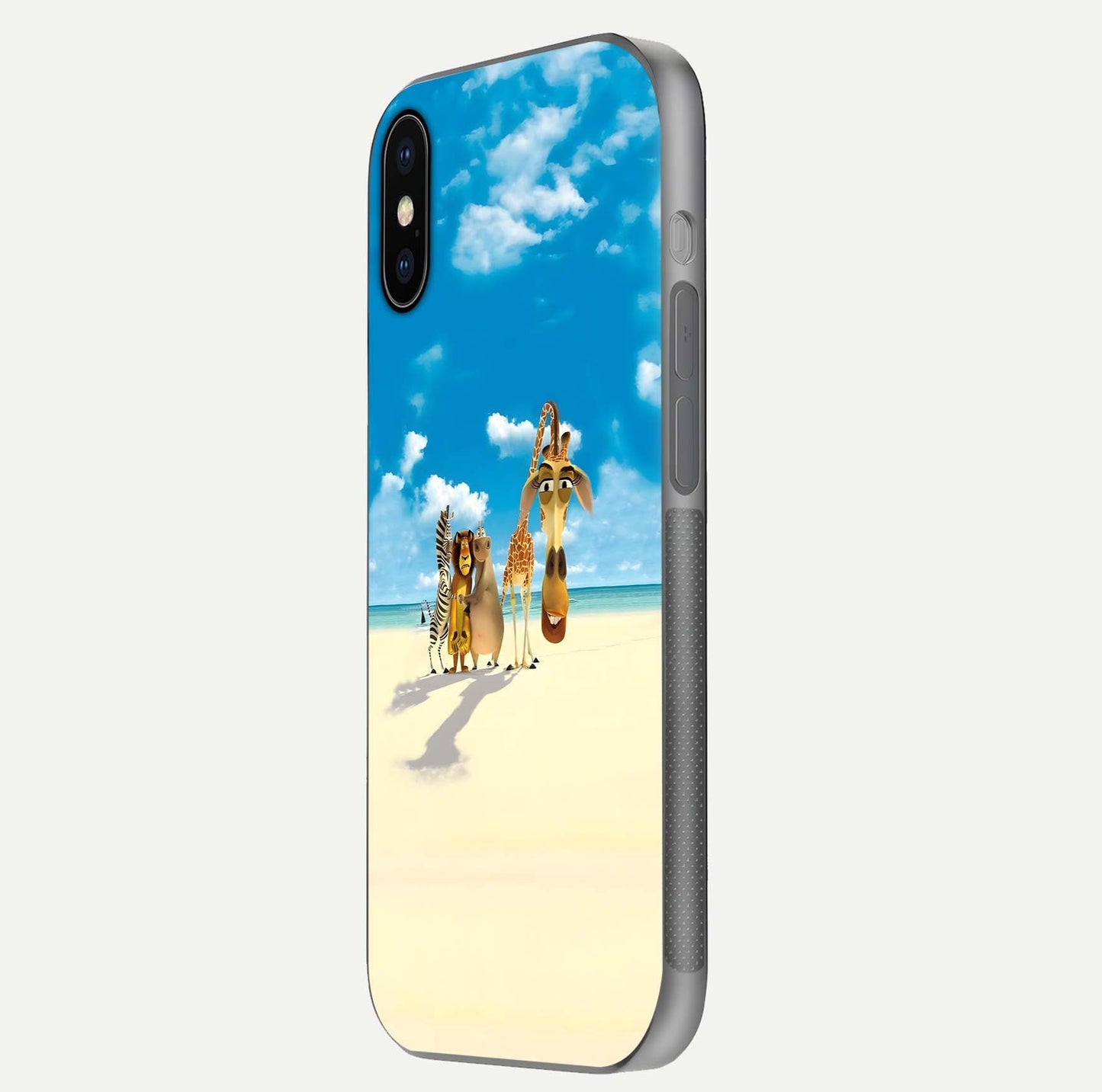 Tropical Fun Squad Glass Case for iPhone X side-angle image showing shine, color depth, and surface gloss