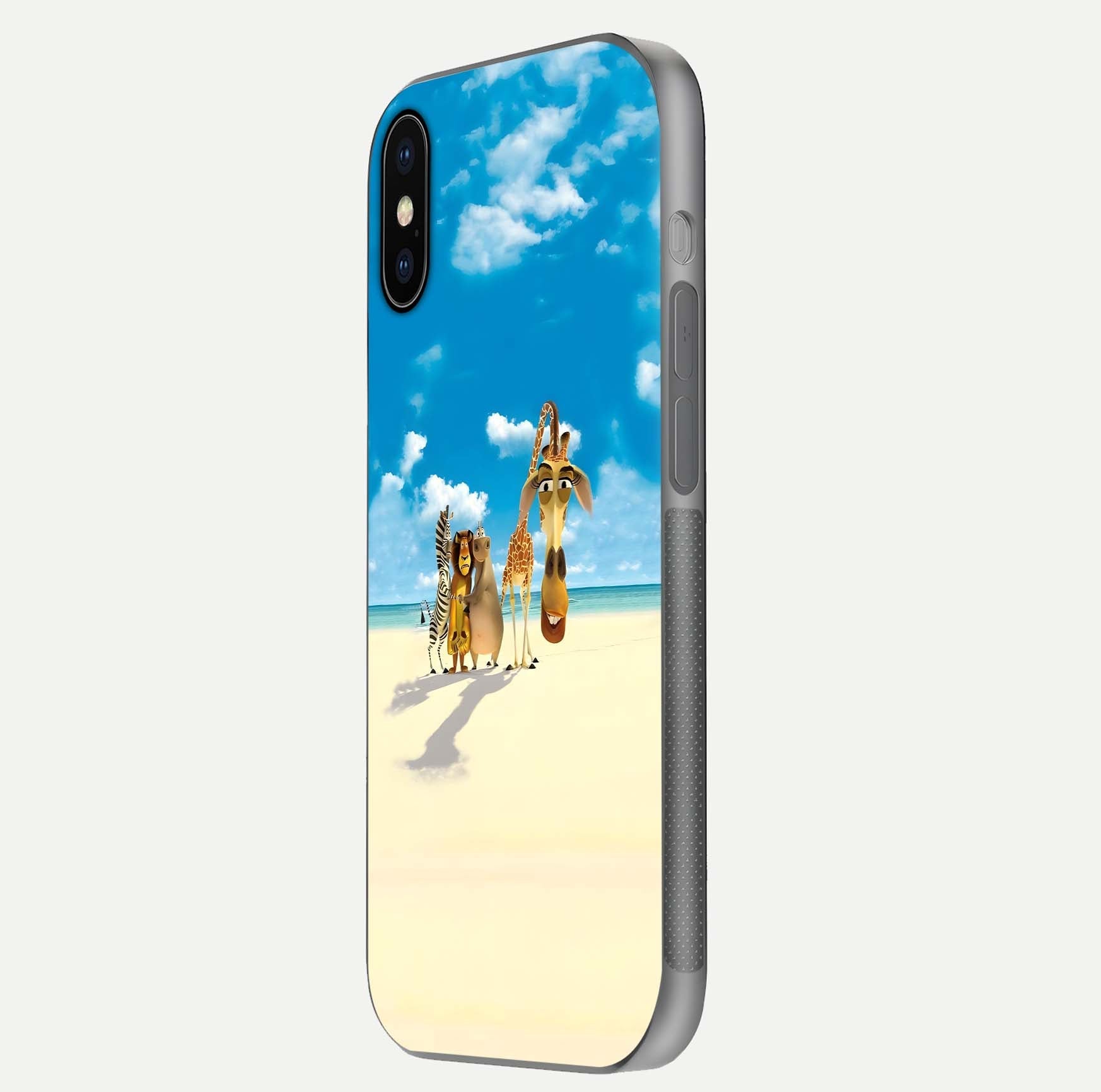 Tropical Fun Squad Glass Case for iPhone X side-angle image showing shine, color depth, and surface gloss